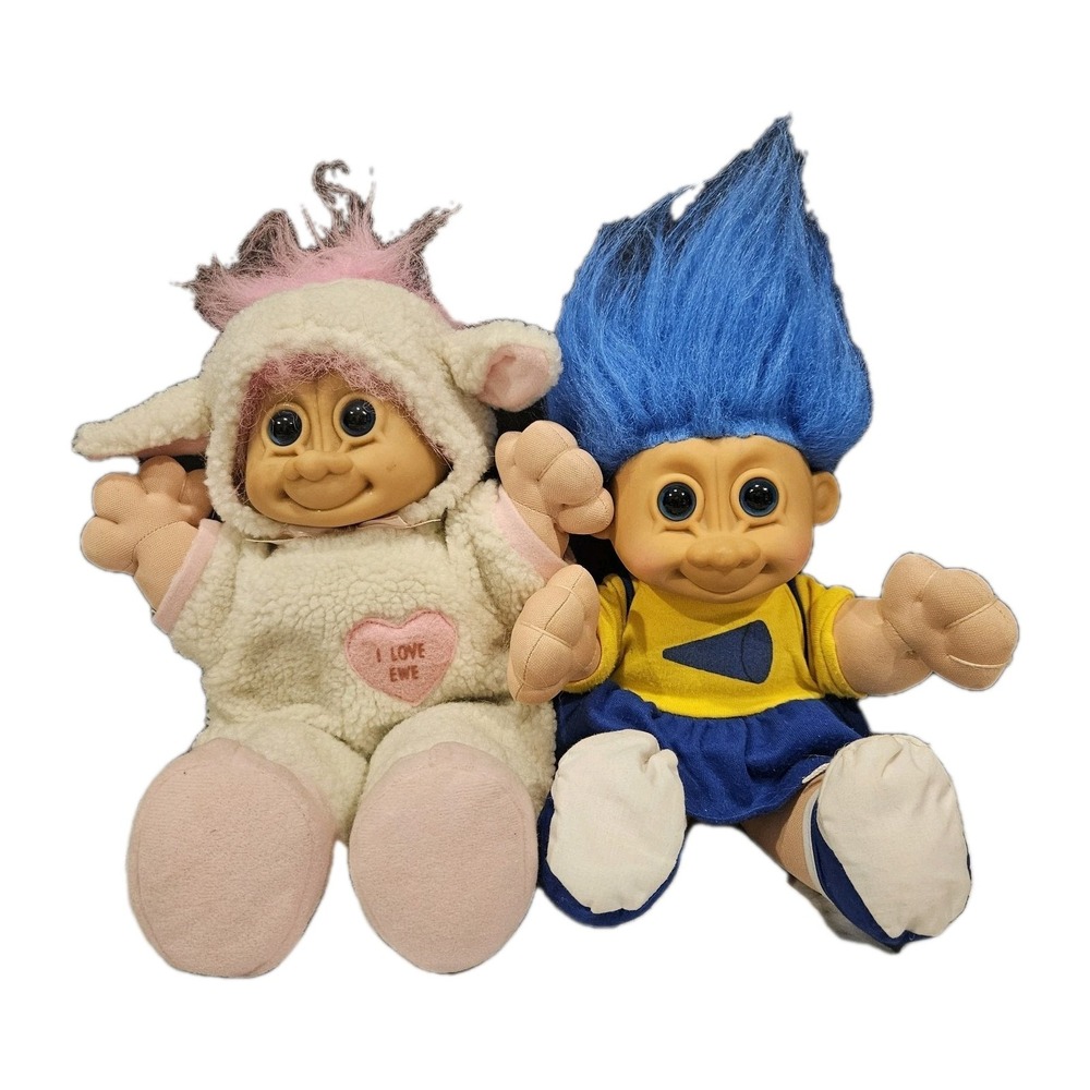 Vintage 1990s Russ Troll Dolls Plush Lot 2 12" Blue Hair‎ & Lamb Outfit Original